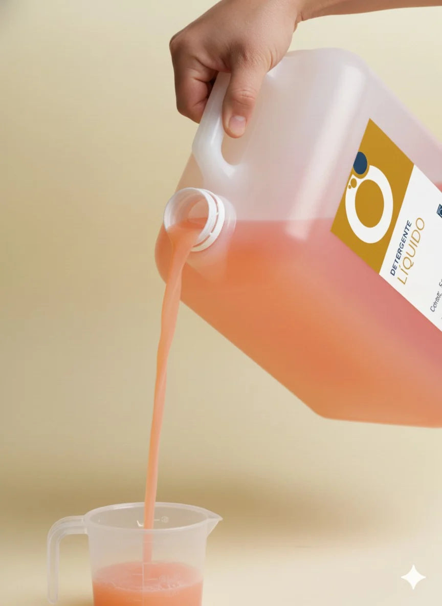 Detergente líquido OLZA vertiéndose en un recipiente medidor